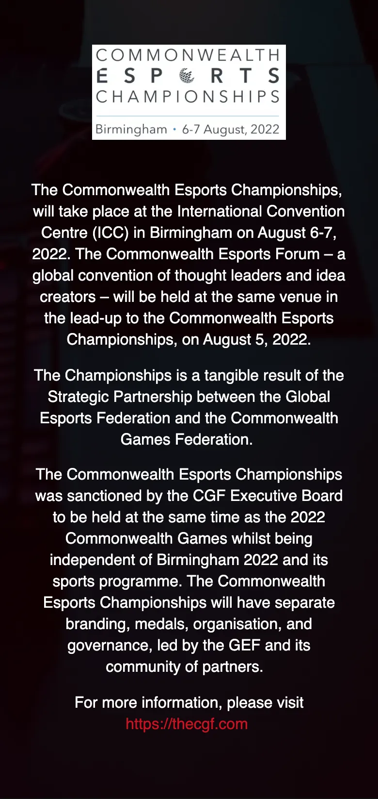 The Commonwealth Esports Championships section on the Esports England site, on mobile