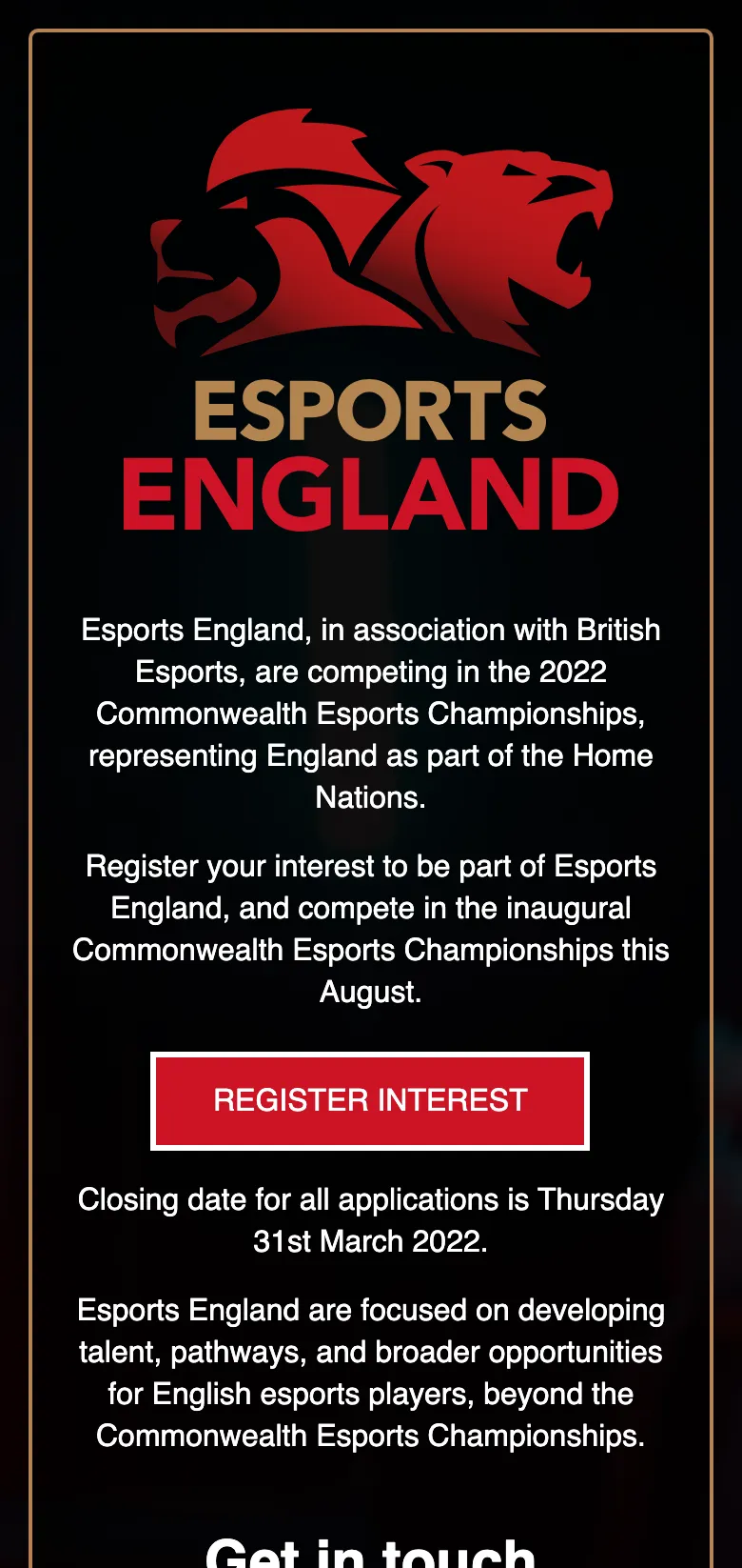 The Esports England homepage, on mobile