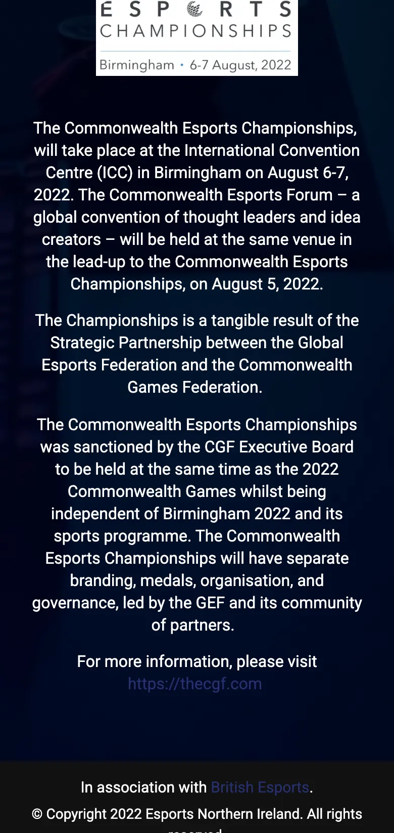 The Commonwealth Esports Championships section on the Esports Northern Ireland site, on mobile