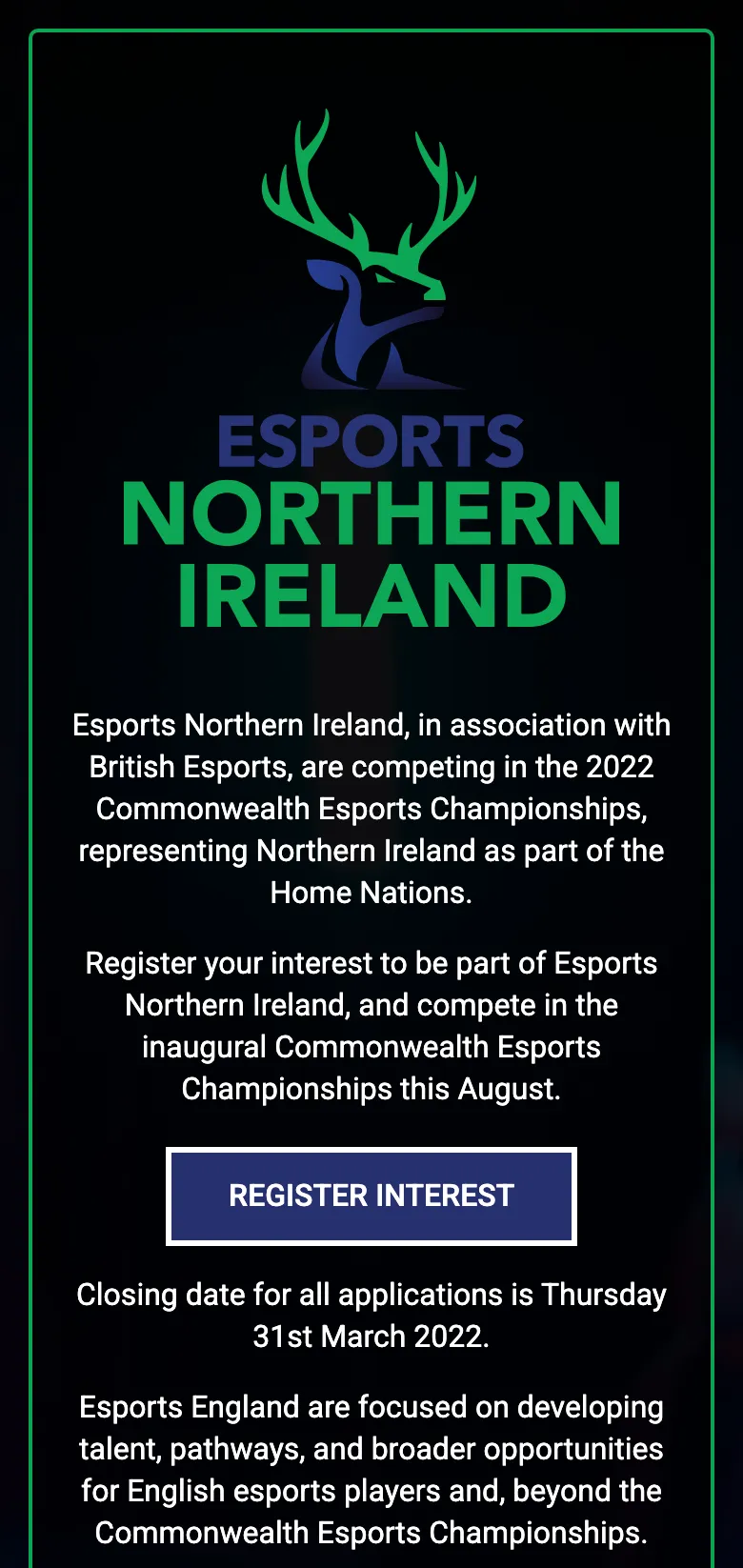 The Esports Northern Ireland homepage, on mobile