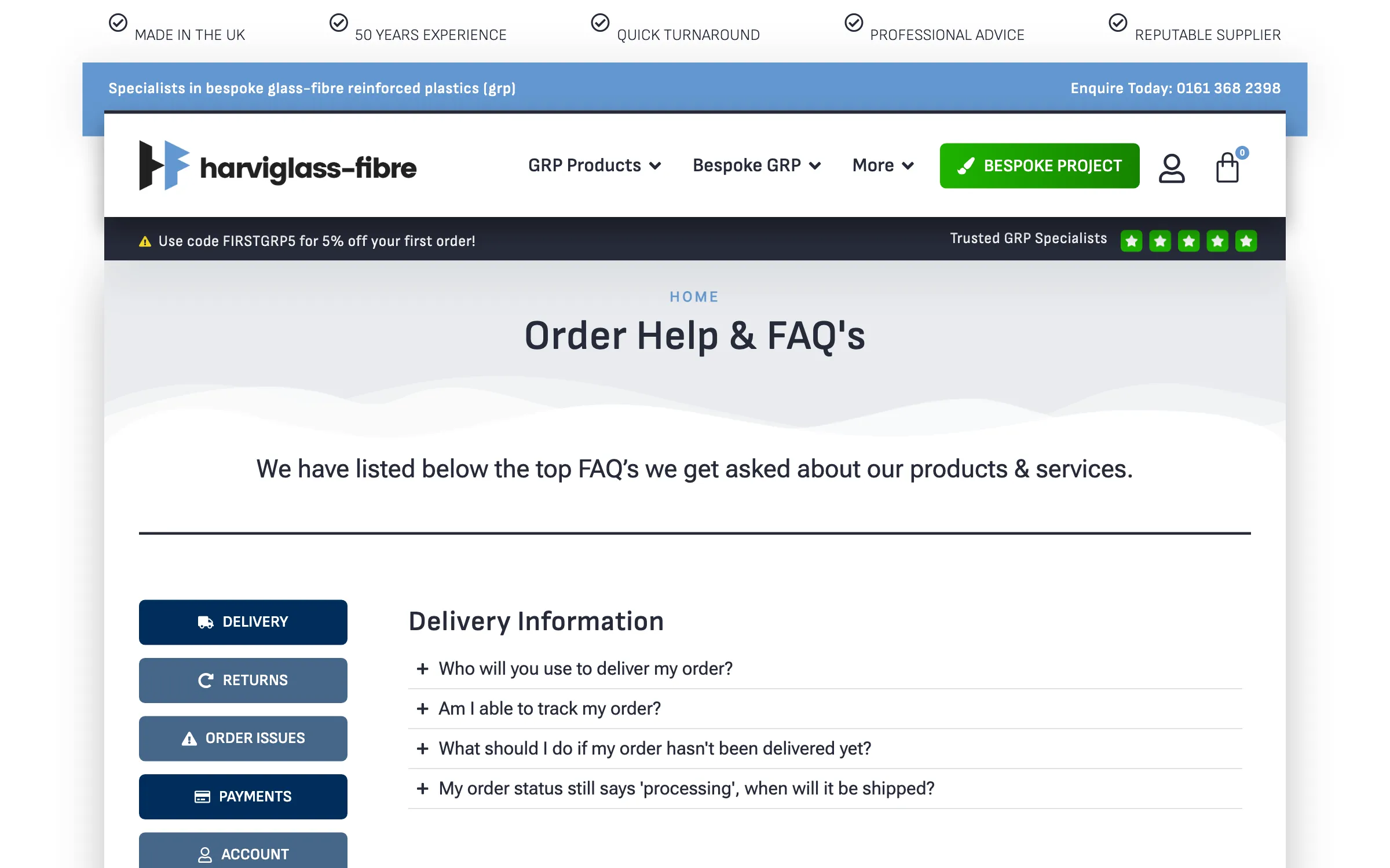 The order help and FAQs page