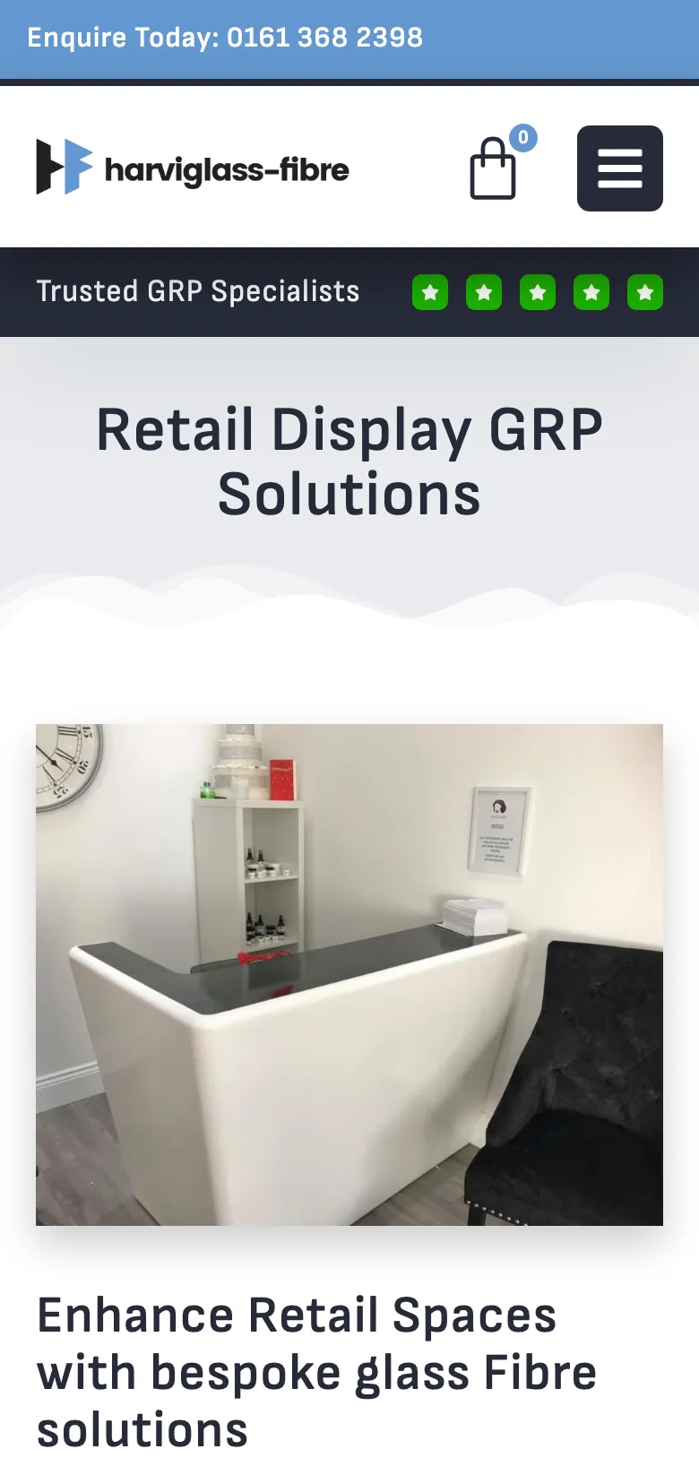 The retail display solutions page, on mobile