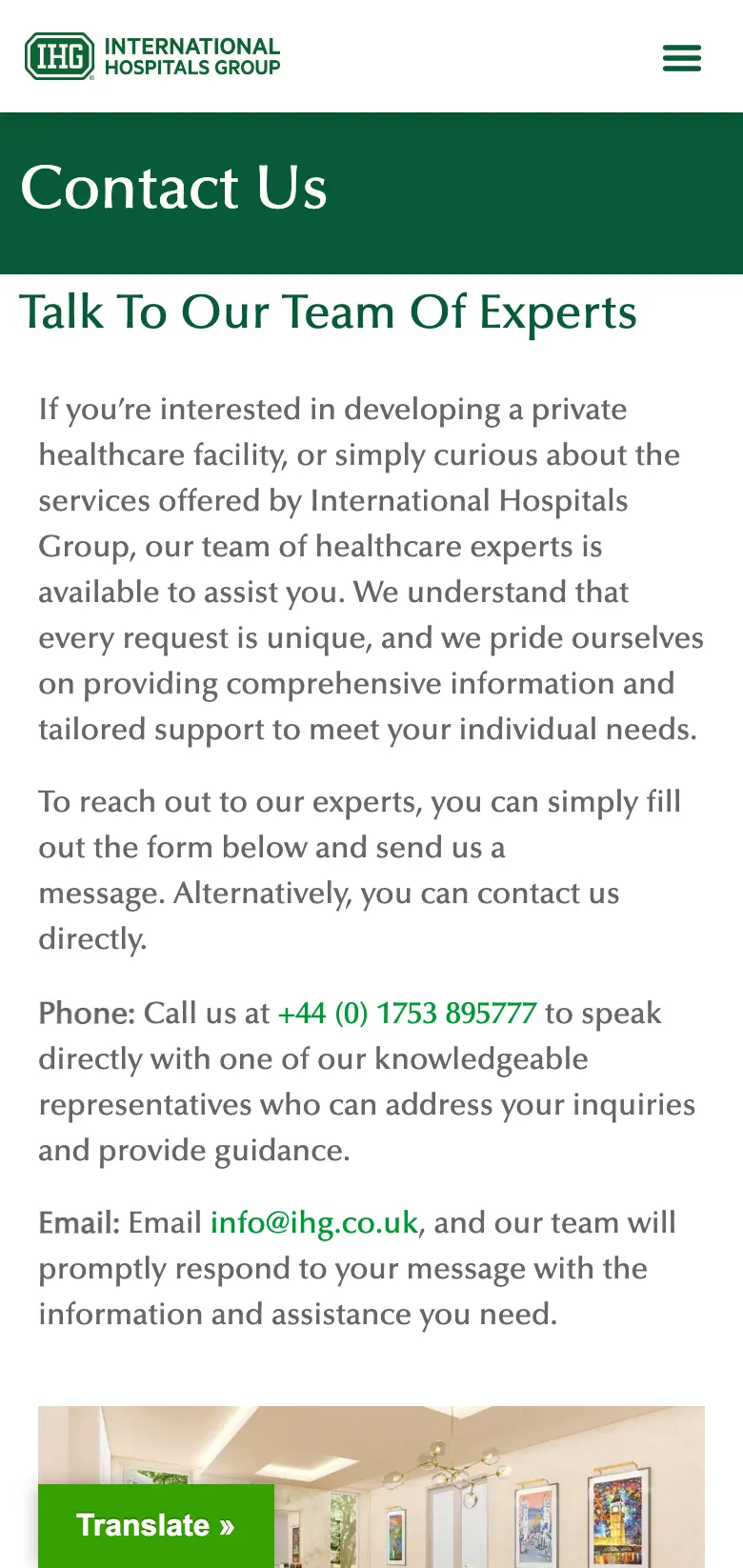 The International Hospitals Group contact us page, on mobile