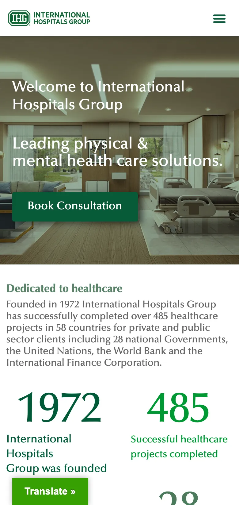 The International Hospitals Group homepage, on mobile