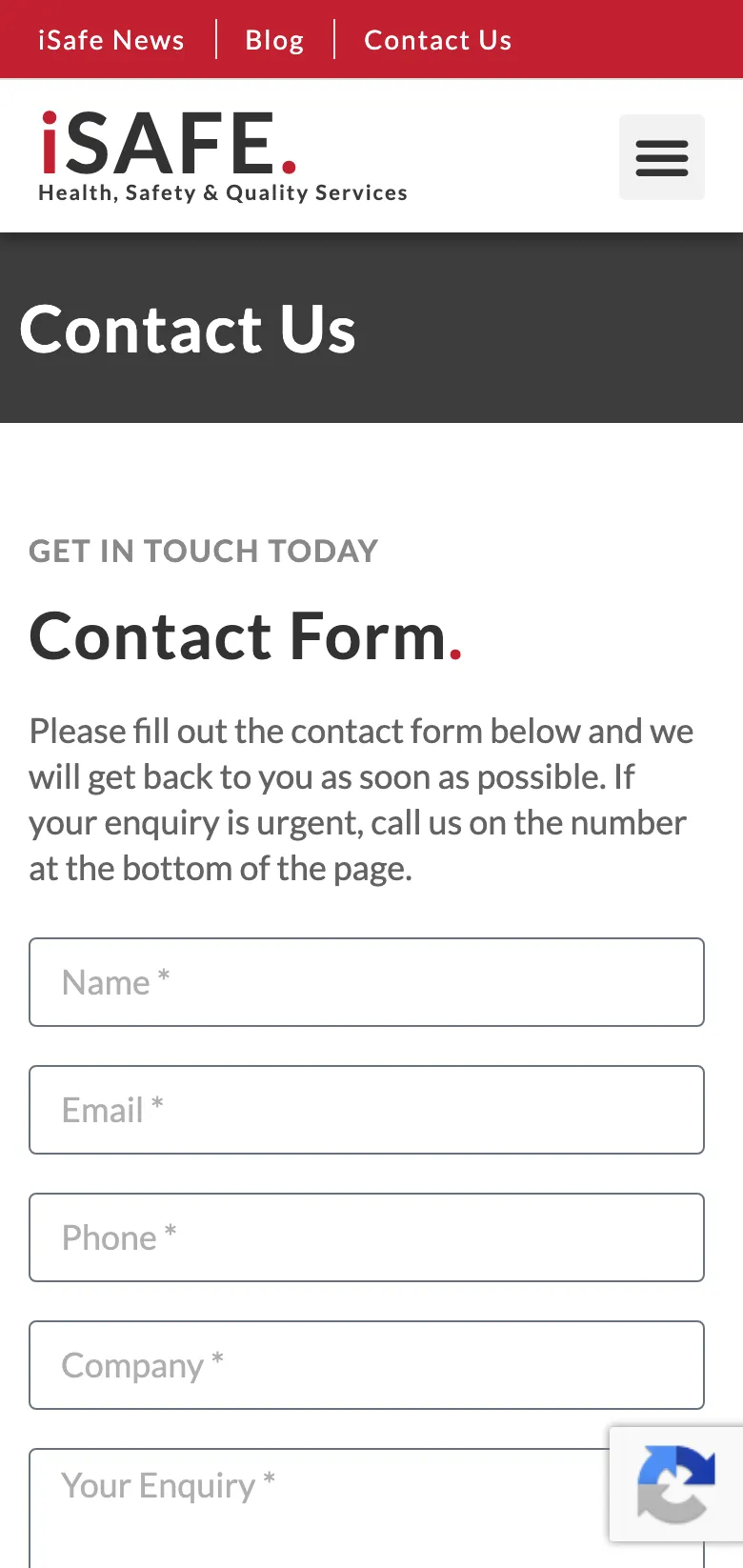 The iSAFE contact us page, on mobile