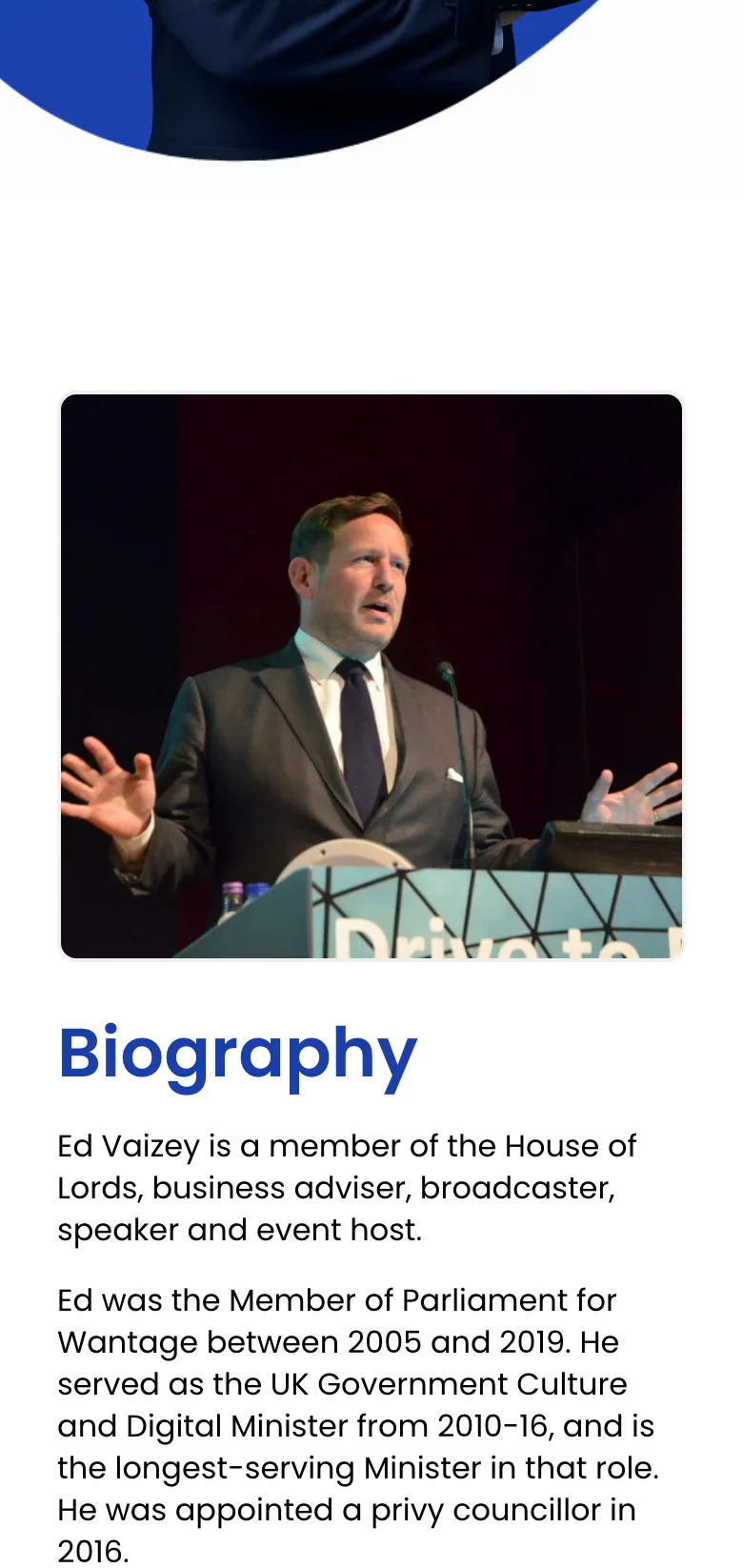 The biography page, on mobile