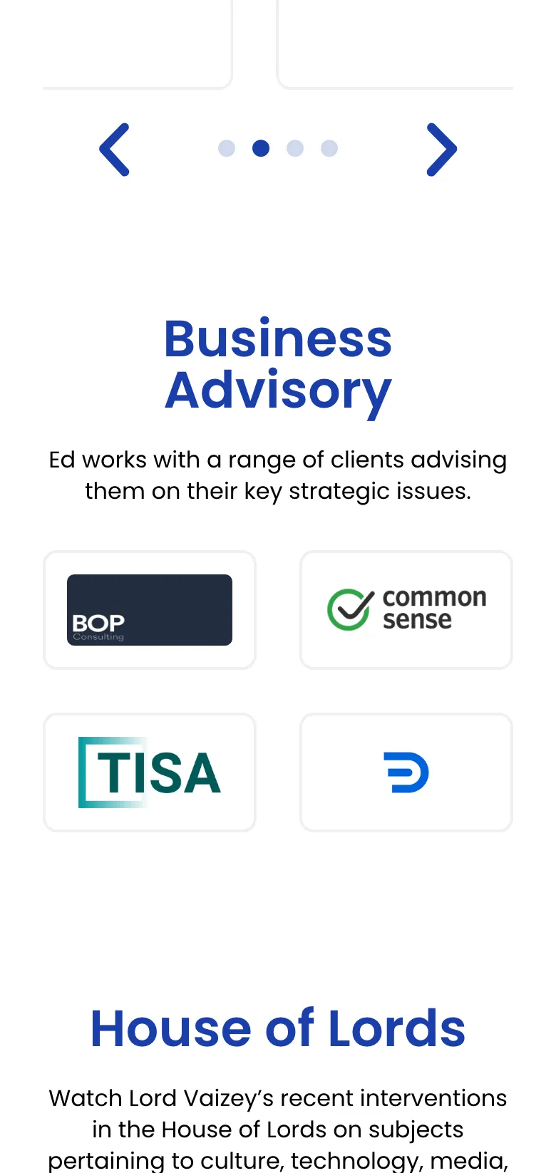 The business advisory section, on mobile