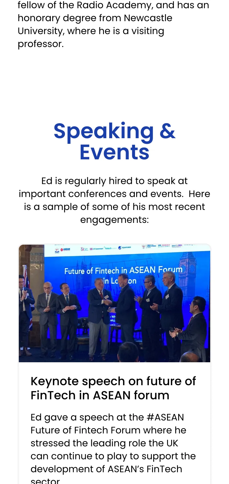 The speaking and events section, on mobile