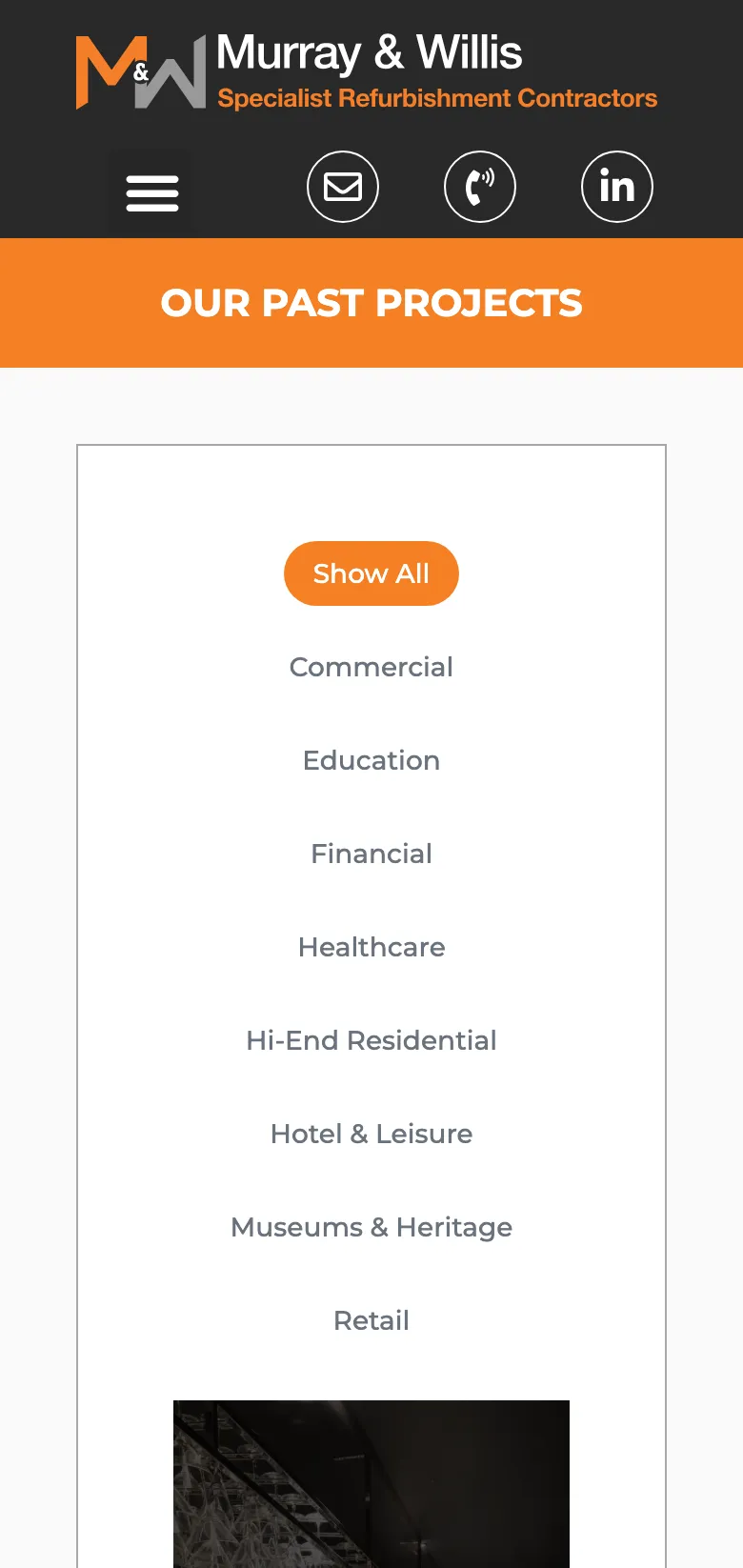 The projects page, on mobile