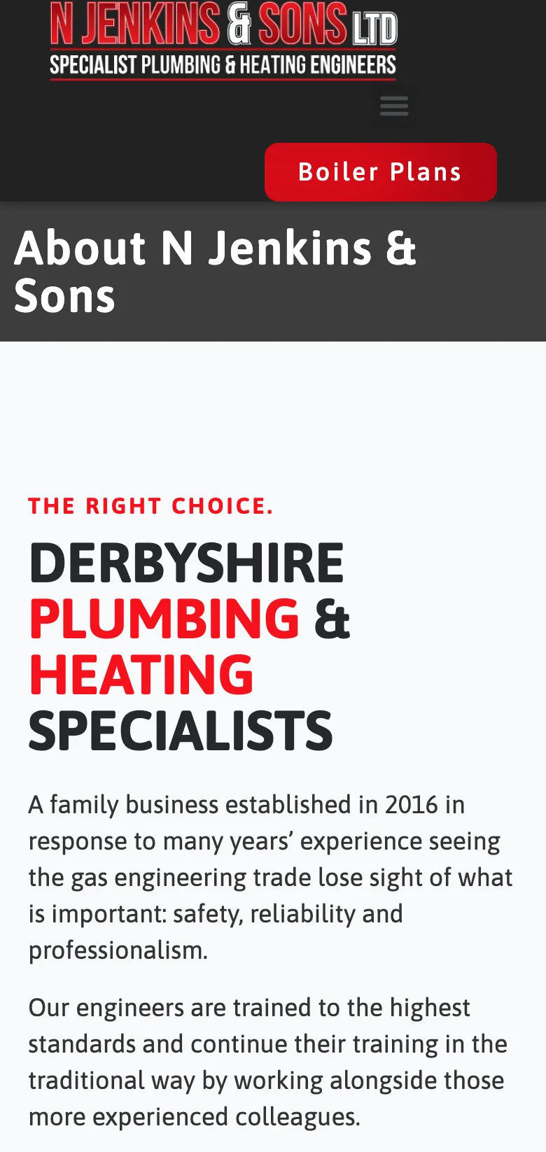 The N Jenkins & Sons about us page, on mobile