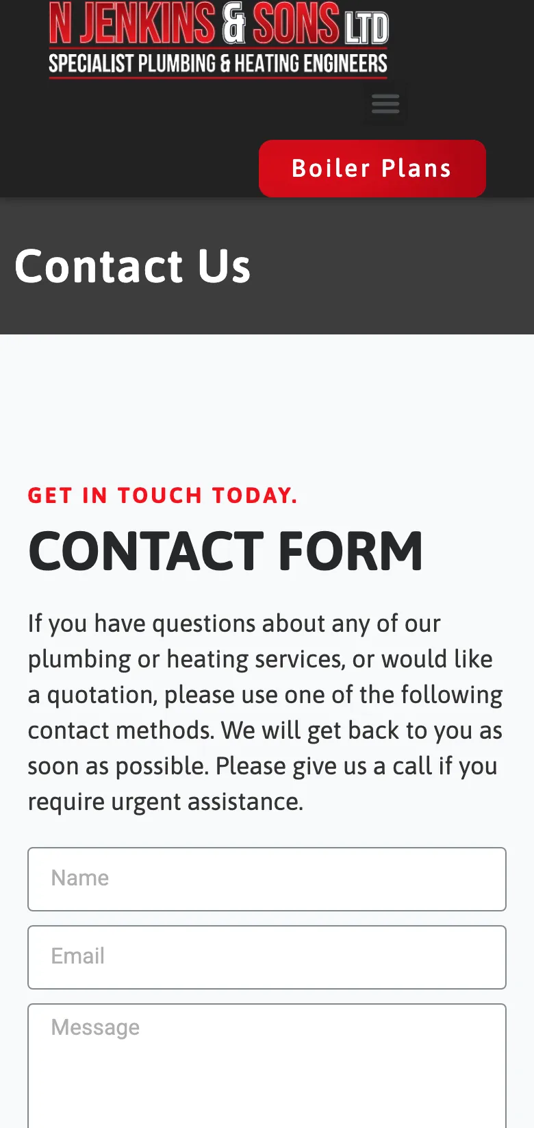 The N Jenkins & Sons contact us page, on mobile