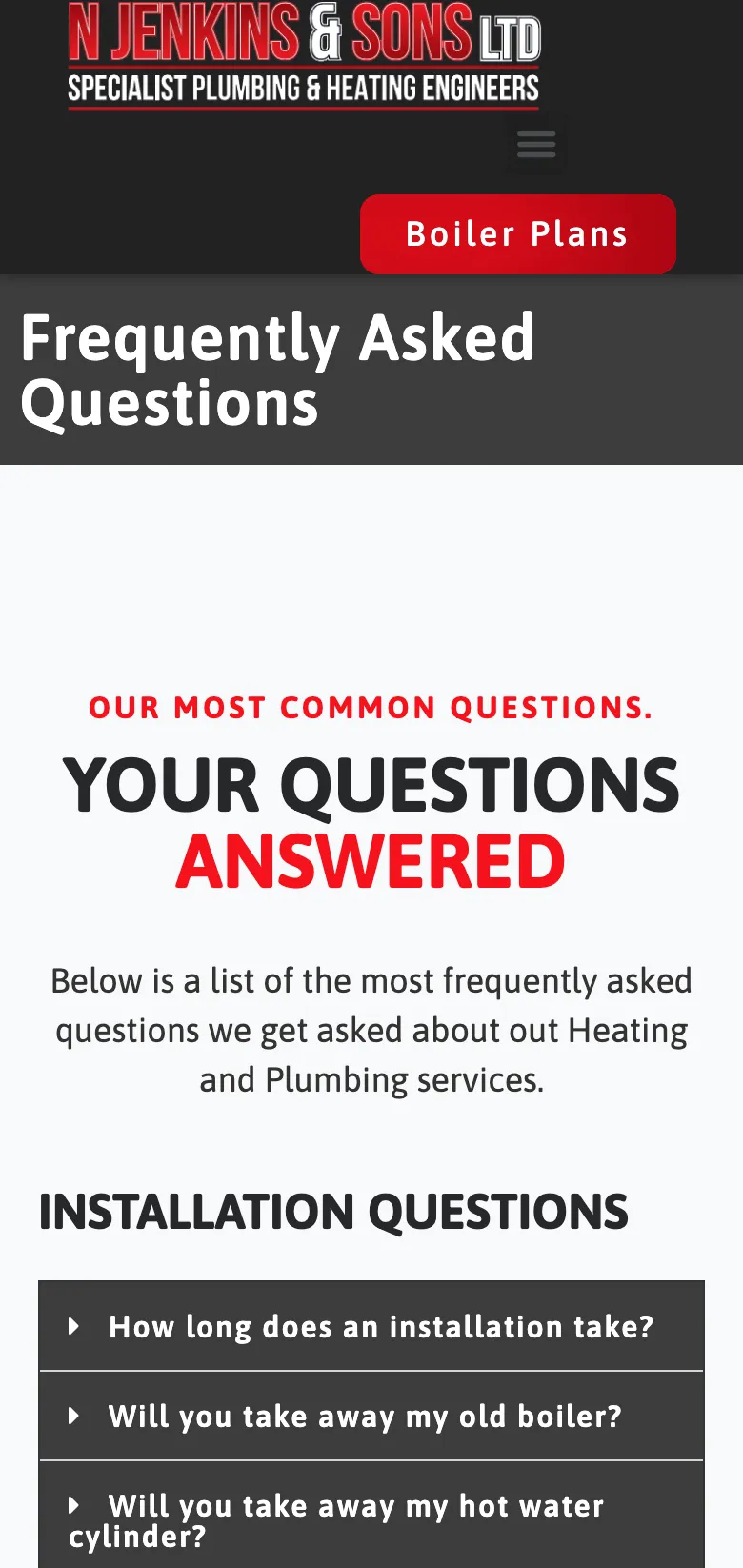 The N Jenkins & Sons frequently asked questions, on mobile