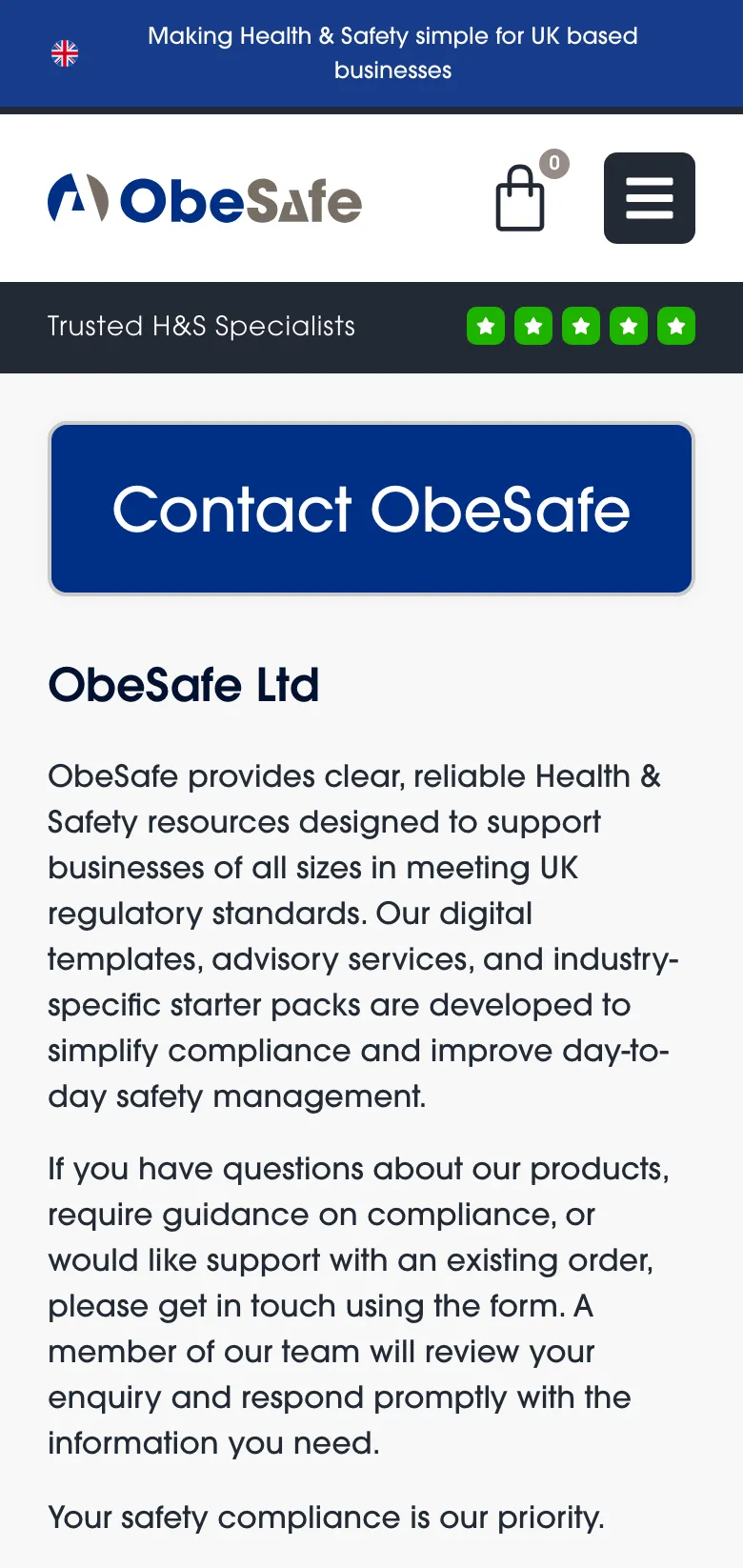 The Obesafe contact page, on mobile