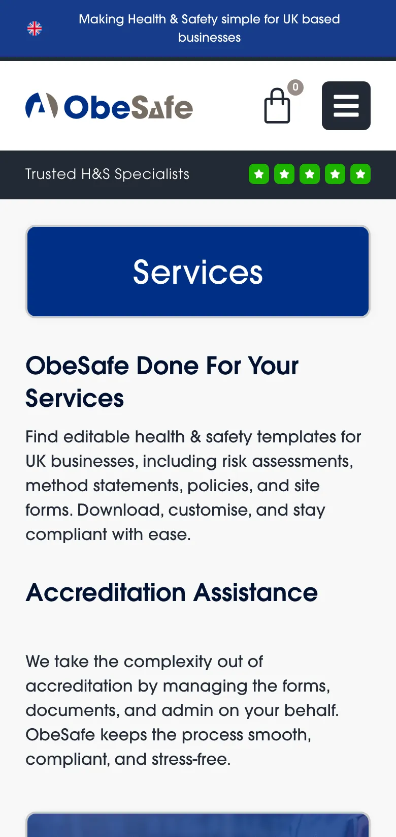 The Obesafe services page, on mobile