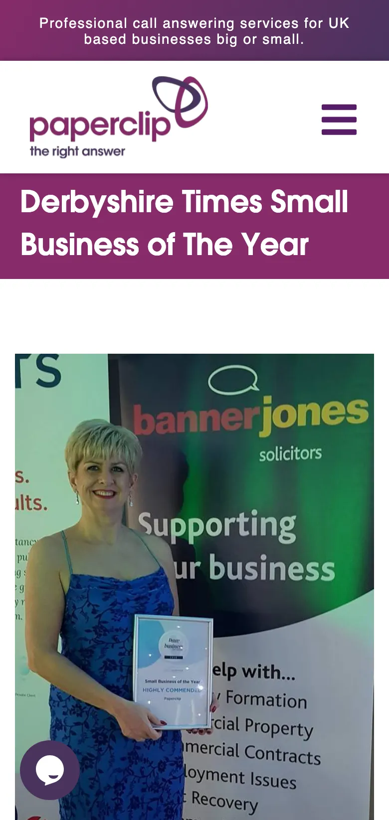 The Derbyshire Times Small Business of the Year post, on mobile