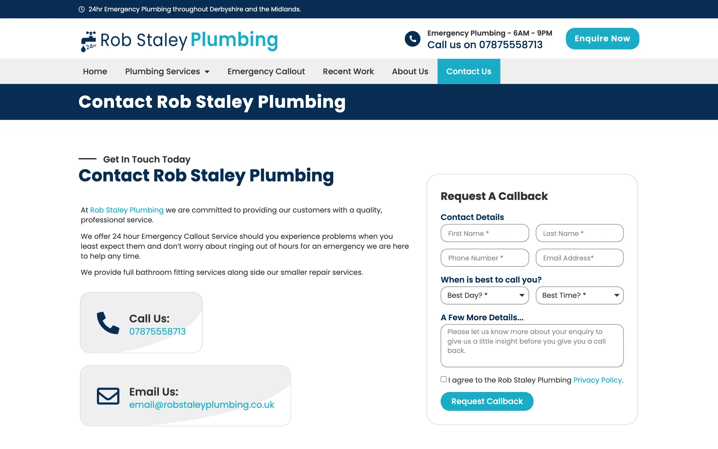 The Rob Staley Plumbing contact us page