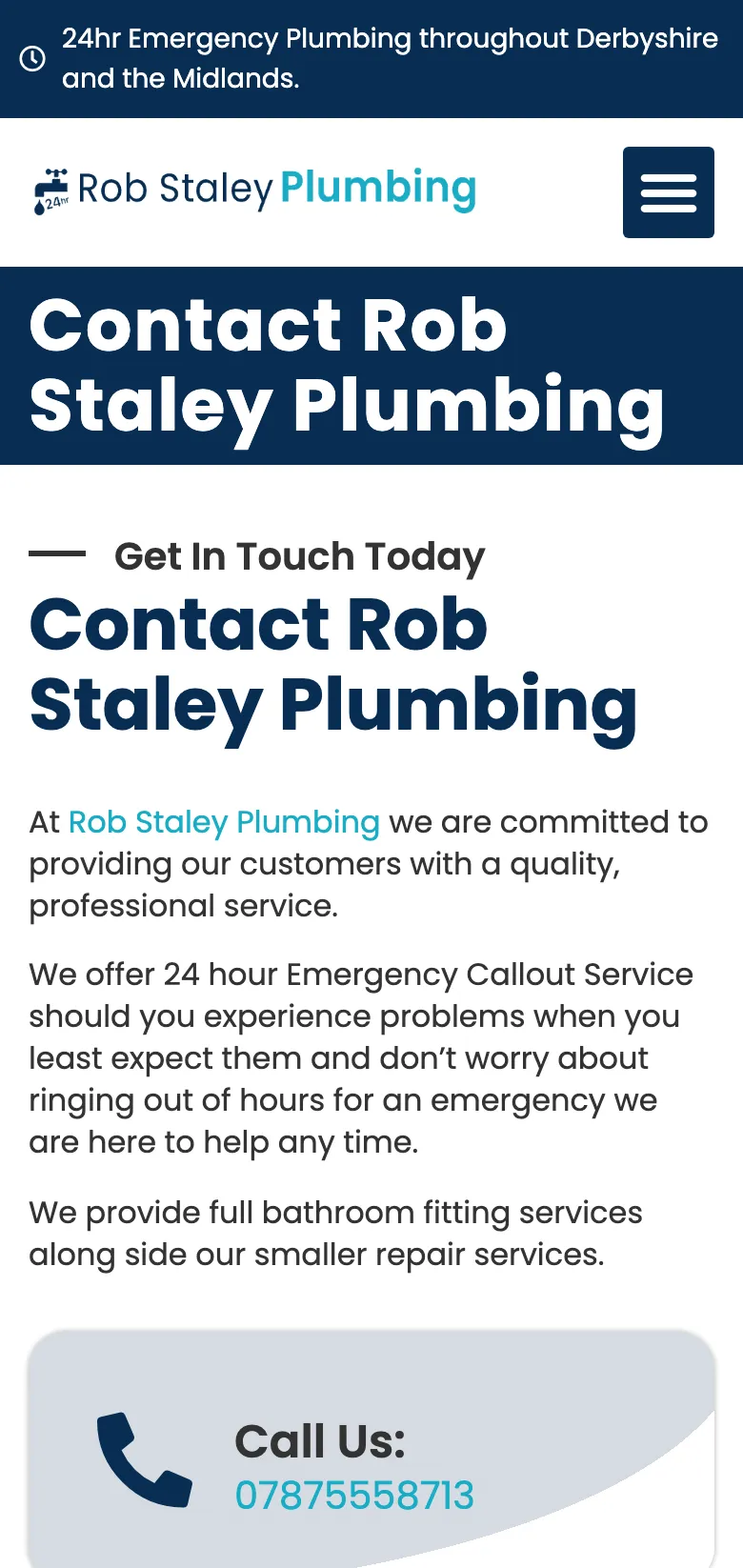 The Rob Staley Plumbing contact us page, on mobile