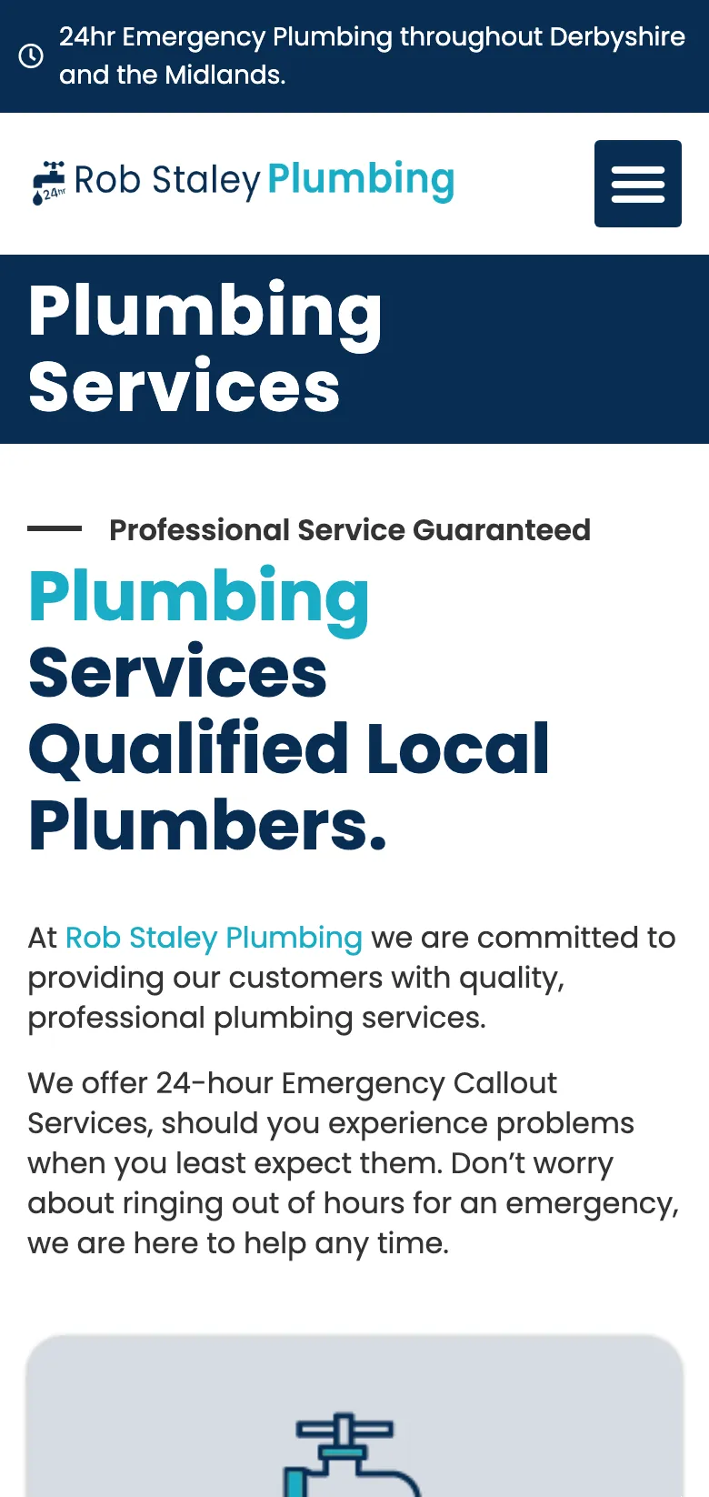 The Rob Staley Plumbing services page, on mobile