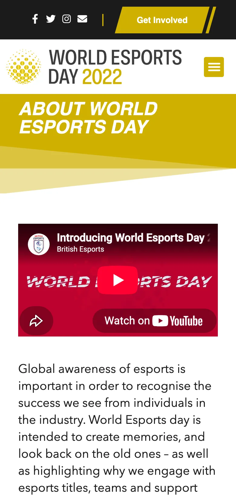 The World Esports Day about page, on mobile